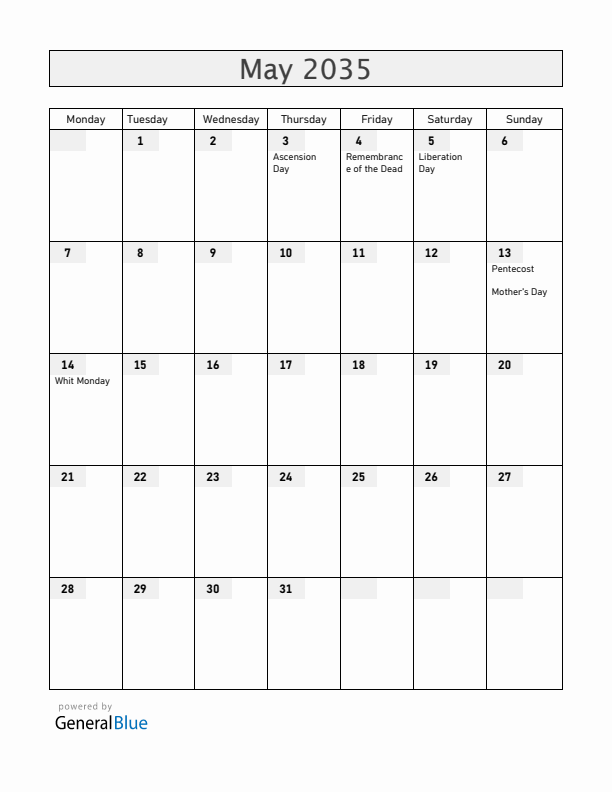 The Netherlands May 2035 Calendar with Holidays
