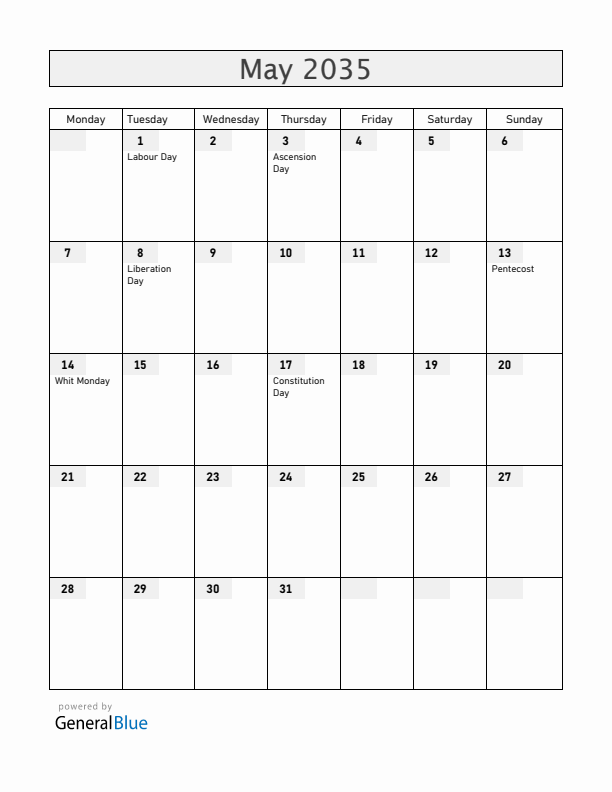 Norway May 2035 Calendar with Holidays