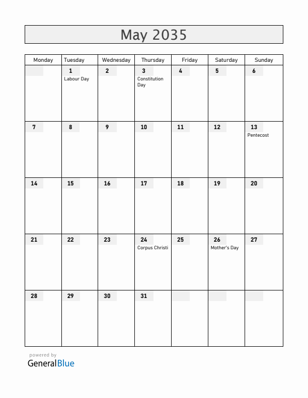 Poland May 2035 Calendar with Holidays