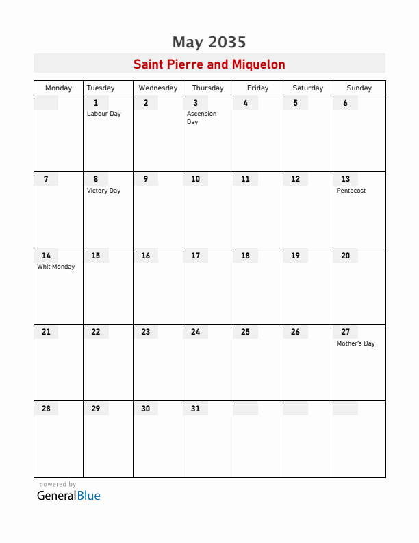 Saint Pierre and Miquelon May 2035 Calendar with Holidays