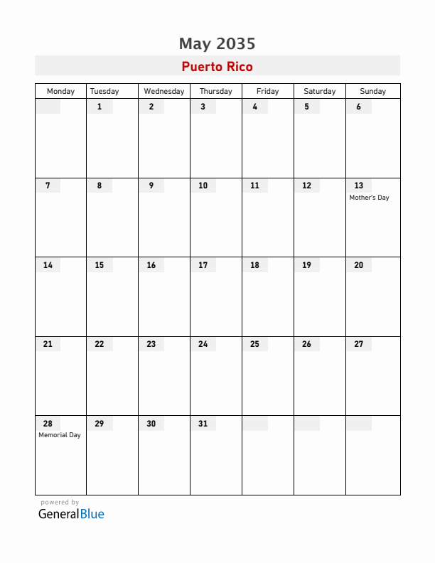 Puerto Rico May 2035 Calendar with Holidays