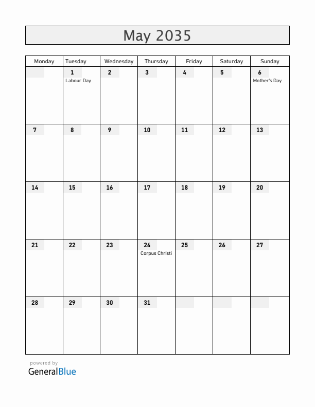 Portugal May 2035 Calendar with Holidays