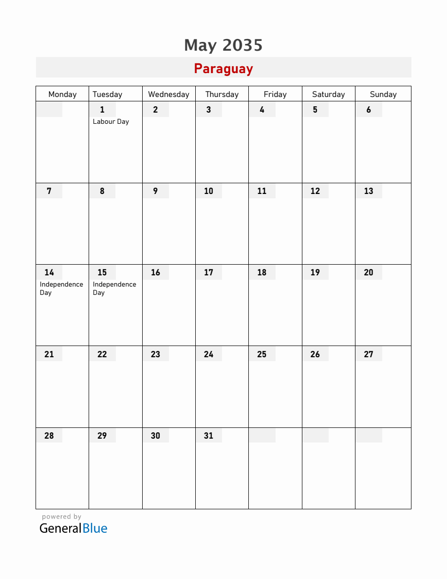 Paraguay May 2035 Calendar with Holidays
