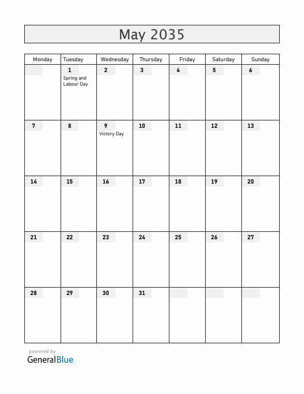 Russia May 2035 Calendar with Holidays