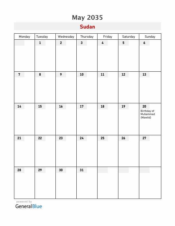 Sudan May 2035 Calendar with Holidays