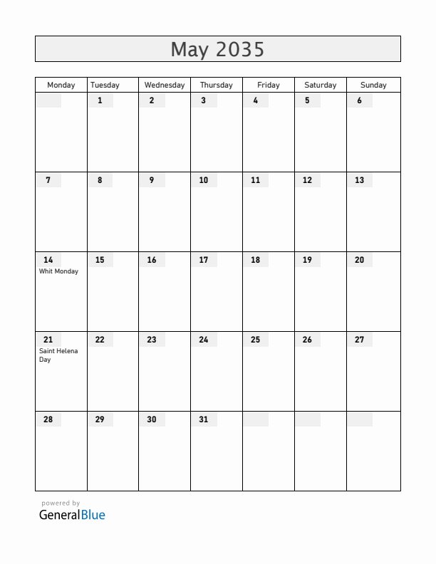 Saint Helena May 2035 Calendar with Holidays