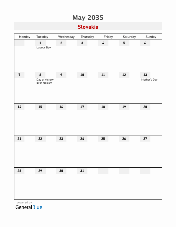 Slovakia May 2035 Calendar with Holidays