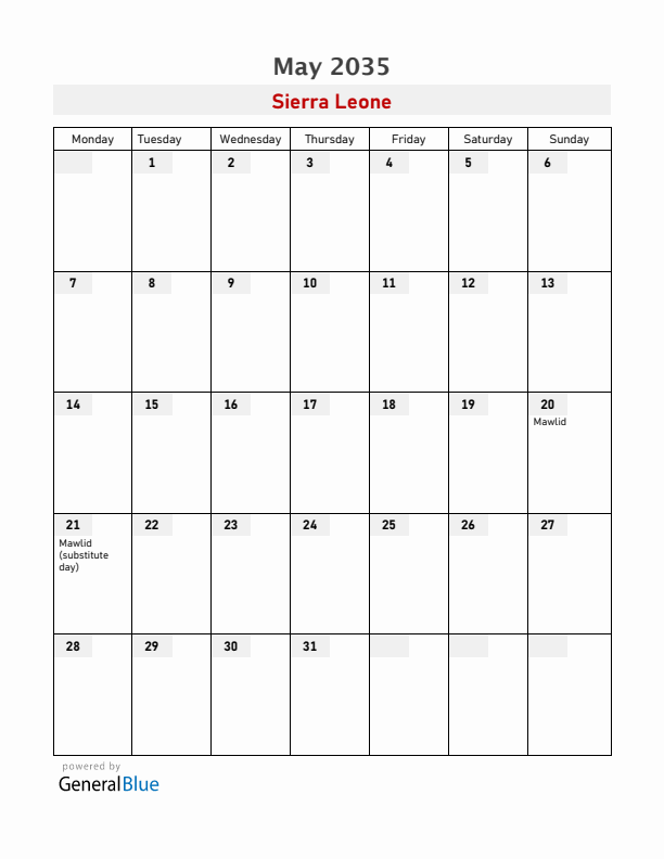 Sierra Leone May 2035 Calendar with Holidays