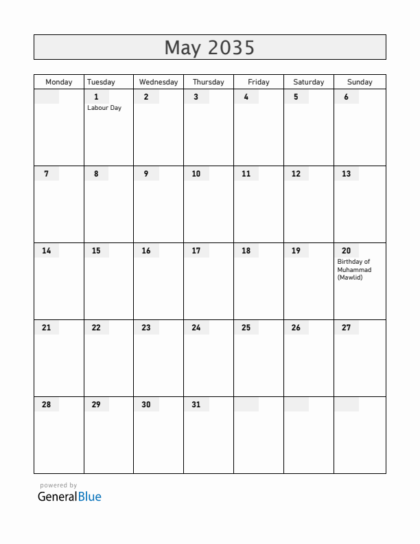 Somalia May 2035 Calendar with Holidays