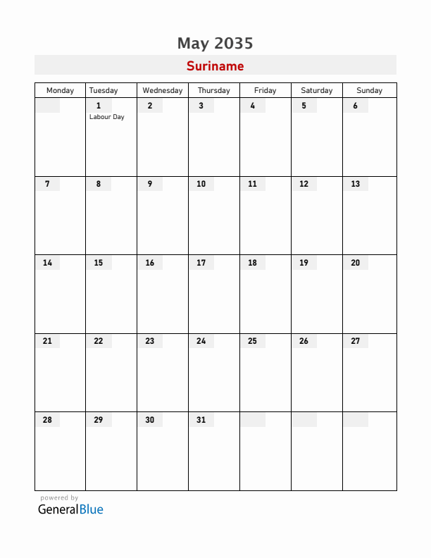 Suriname May 2035 Calendar with Holidays