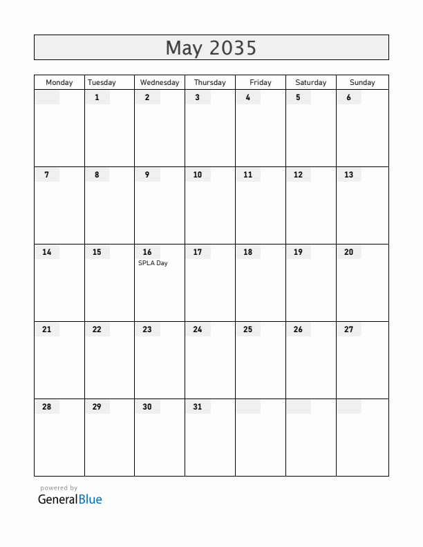 South Sudan May 2035 Calendar with Holidays