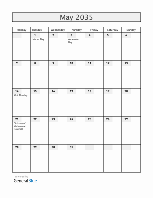 Togo May 2035 Calendar with Holidays