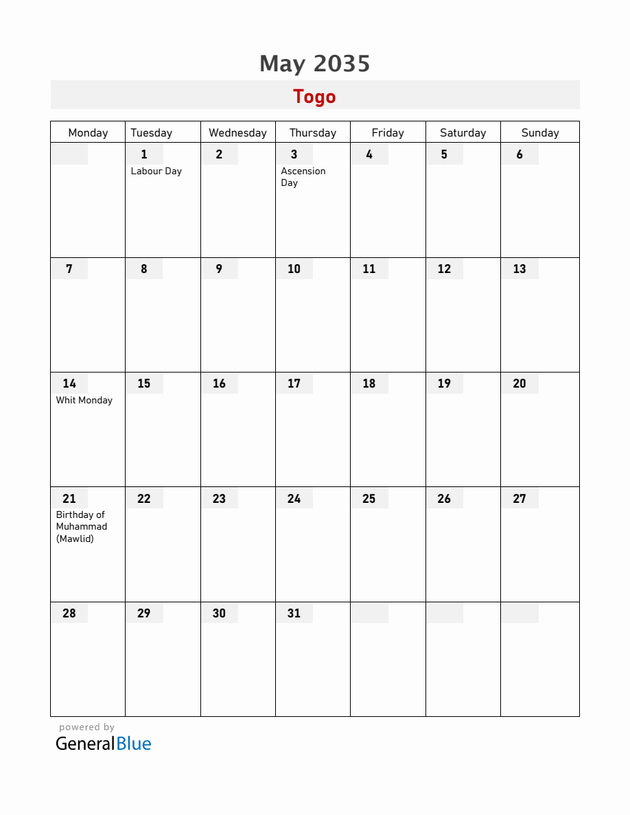 Togo May 2035 Calendar with Holidays