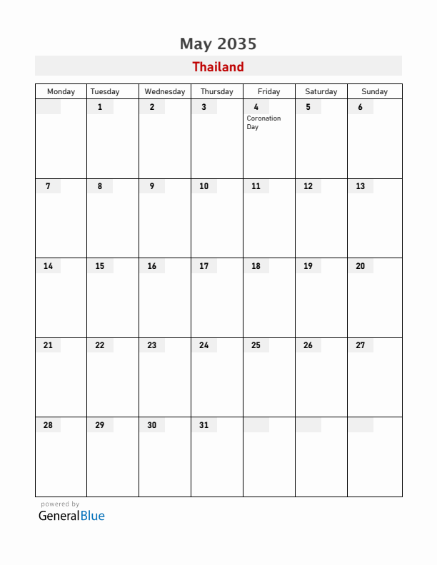 Thailand May 2035 Calendar with Holidays
