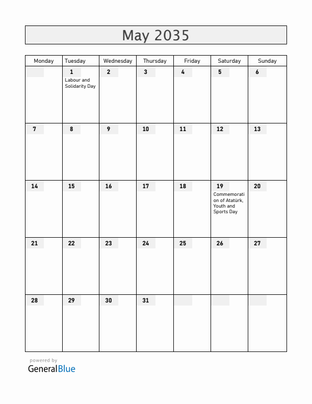 Turkey May 2035 Calendar with Holidays