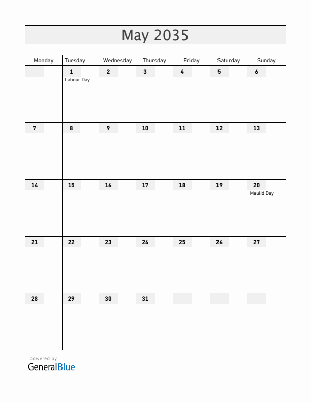 Tanzania May 2035 Calendar with Holidays