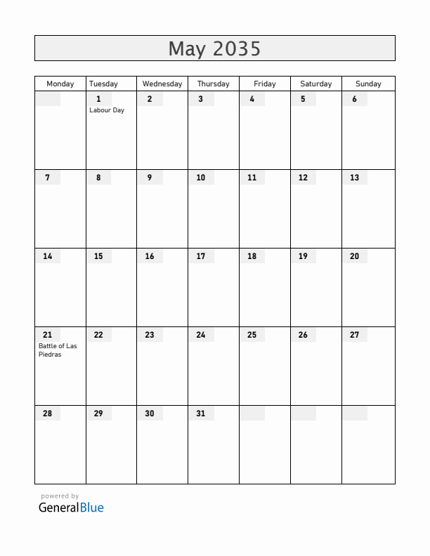 Uruguay May 2035 Calendar with Holidays