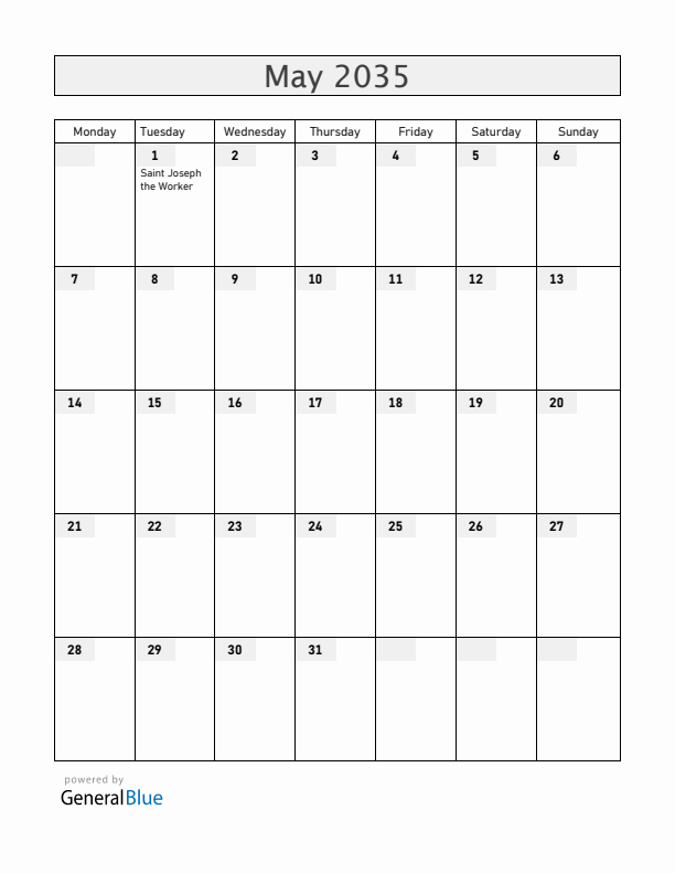 Vatican May 2035 Calendar with Holidays