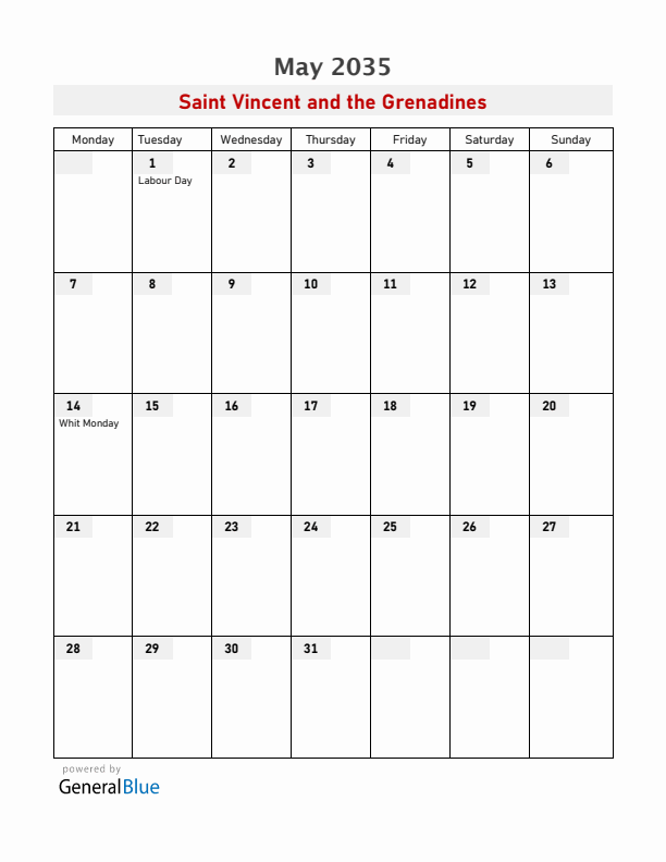 Saint Vincent and the Grenadines May 2035 Calendar with Holidays
