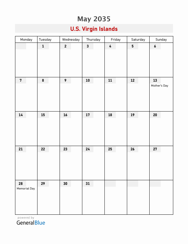 U.S. Virgin Islands May 2035 Calendar with Holidays