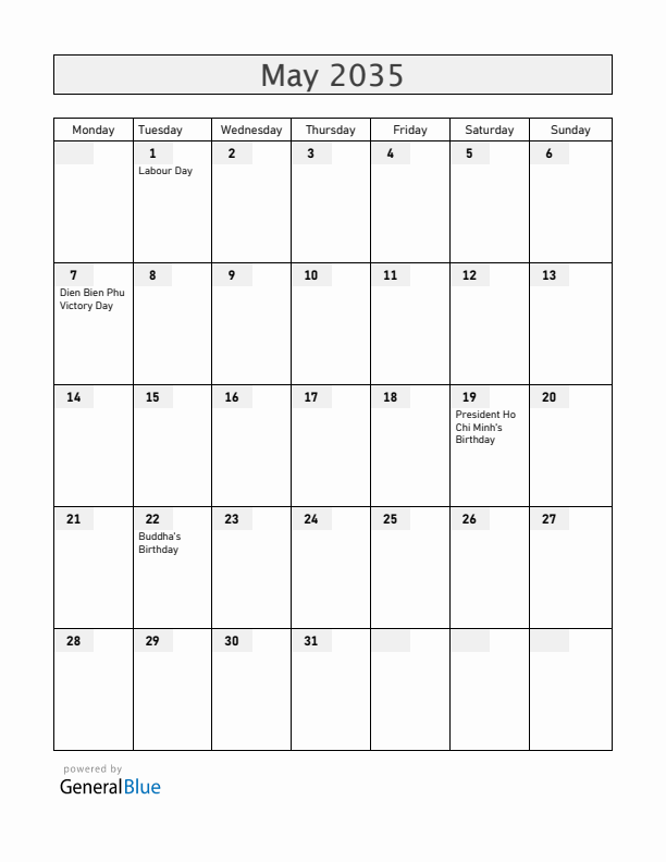 Vietnam May 2035 Calendar with Holidays