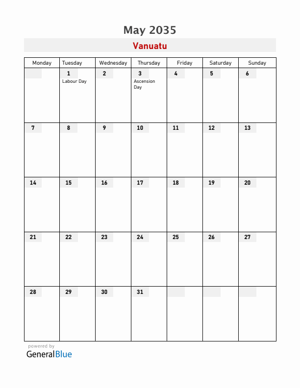 Vanuatu May 2035 Calendar with Holidays