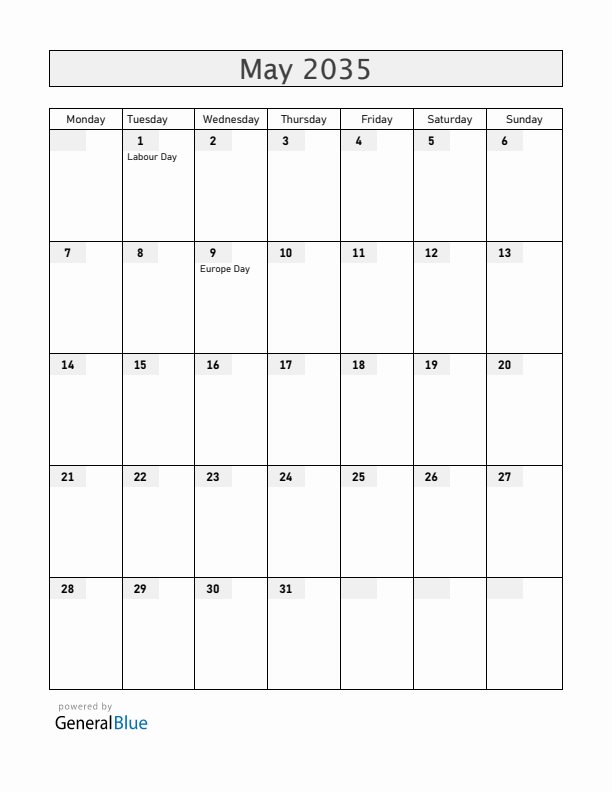 Kosovo May 2035 Calendar with Holidays