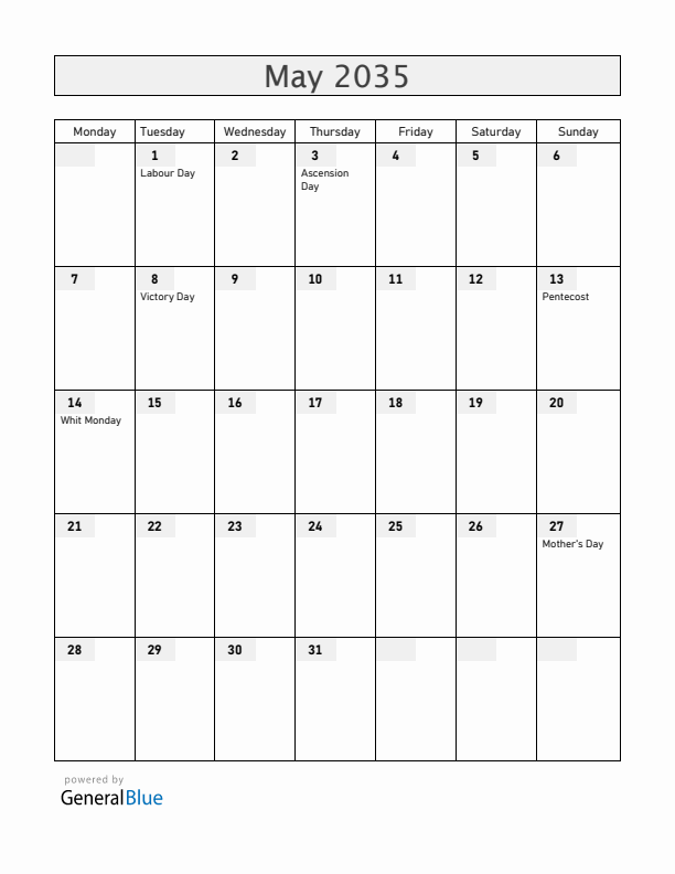 Mayotte May 2035 Calendar with Holidays