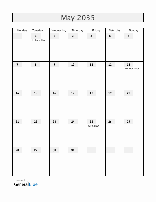 Zimbabwe May 2035 Calendar with Holidays