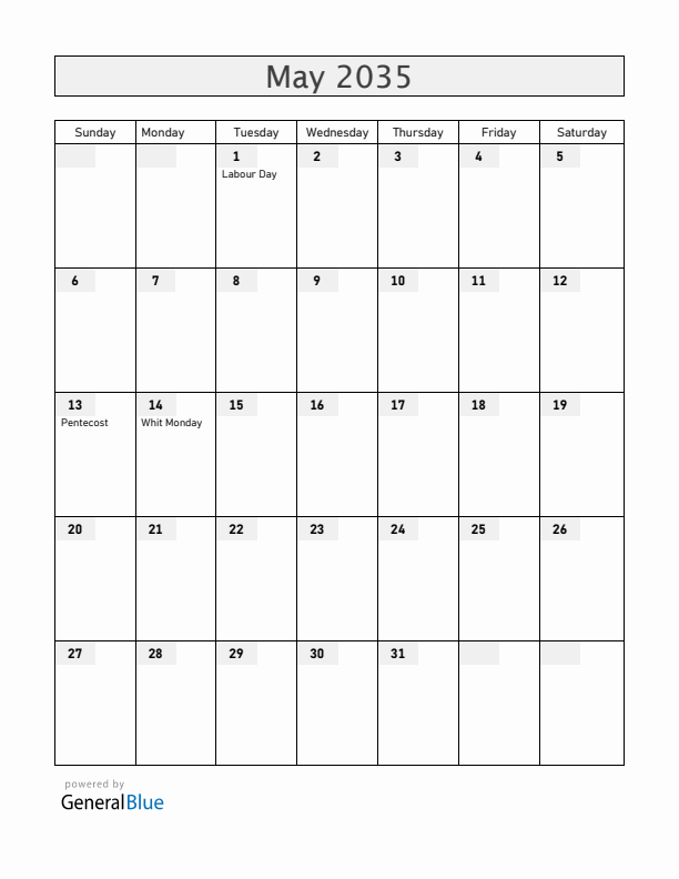 Antigua and Barbuda May 2035 Calendar with Holidays