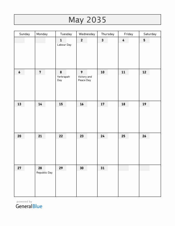 Armenia May 2035 Calendar with Holidays