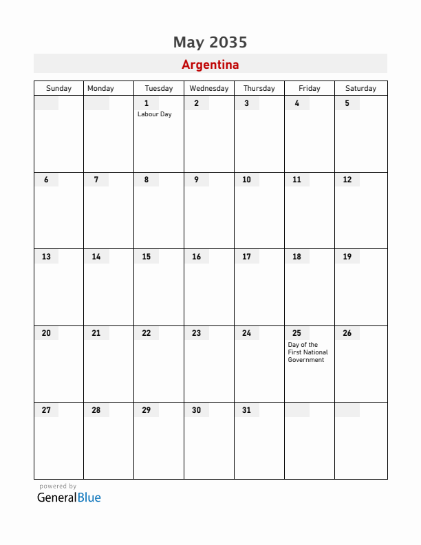 Argentina May 2035 Calendar with Holidays