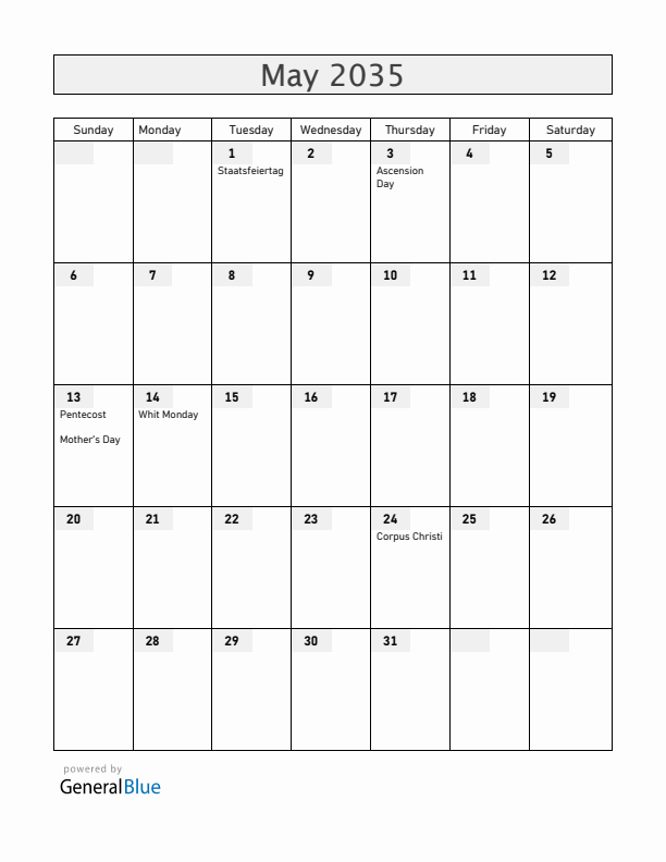Austria May 2035 Calendar with Holidays