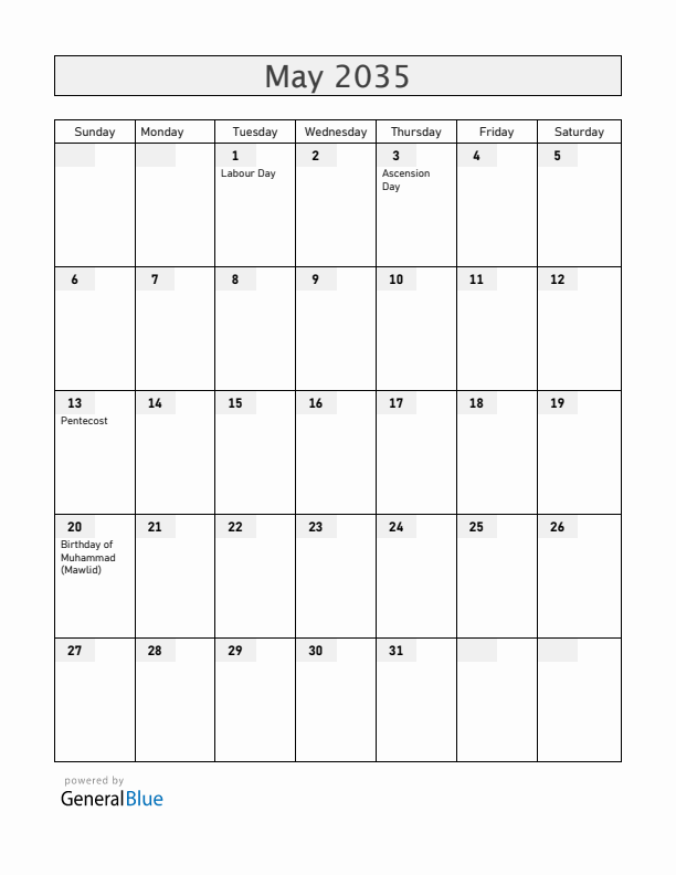 Burkina Faso May 2035 Calendar with Holidays