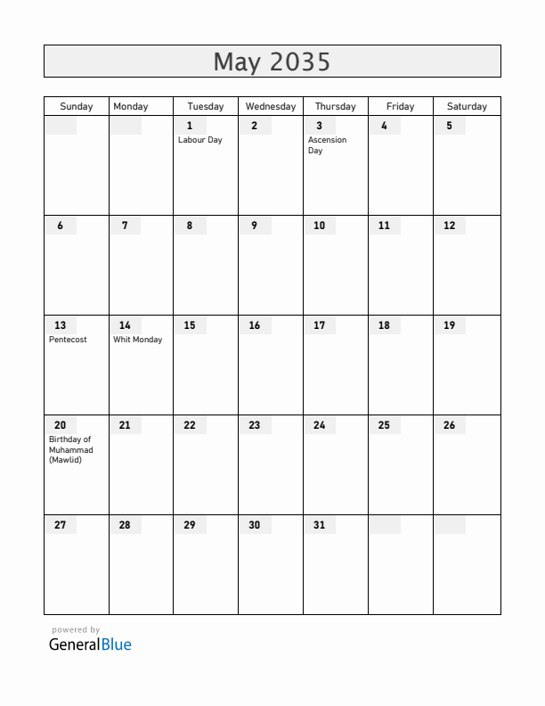 Benin May 2035 Calendar with Holidays