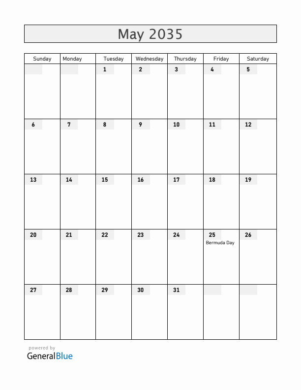 Bermuda May 2035 Calendar with Holidays
