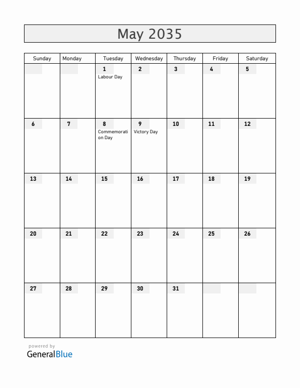 Belarus May 2035 Calendar with Holidays