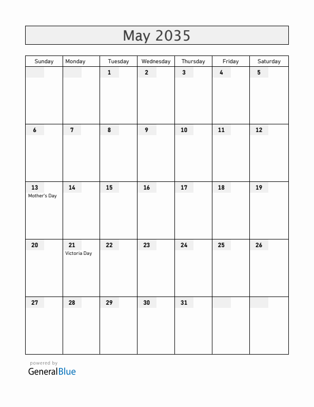 Canada May 2035 Calendar with Holidays