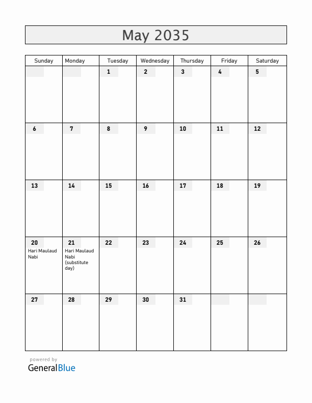 Cocos Islands May 2035 Calendar with Holidays