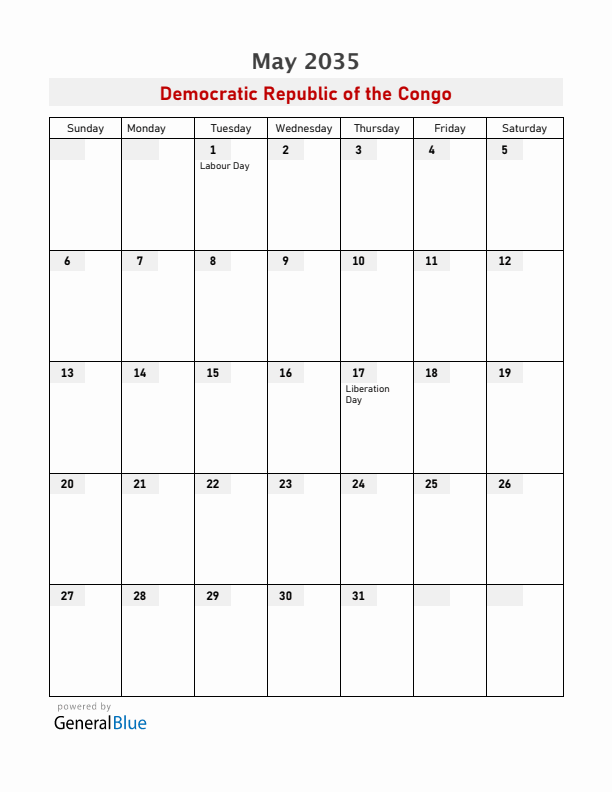 Democratic Republic of the Congo May 2035 Calendar with Holidays