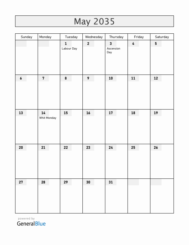 Central African Republic May 2035 Calendar with Holidays