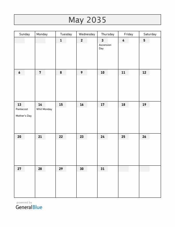 Switzerland May 2035 Calendar with Holidays