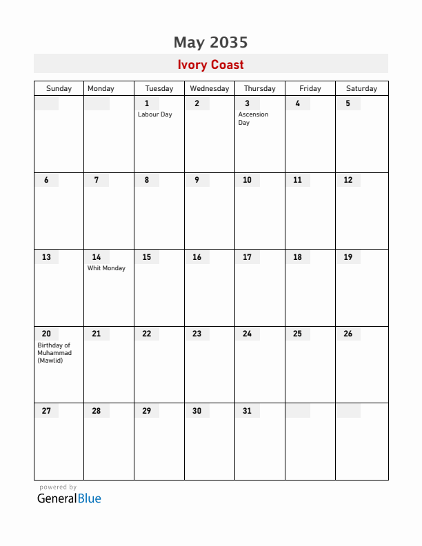 Ivory Coast May 2035 Calendar with Holidays