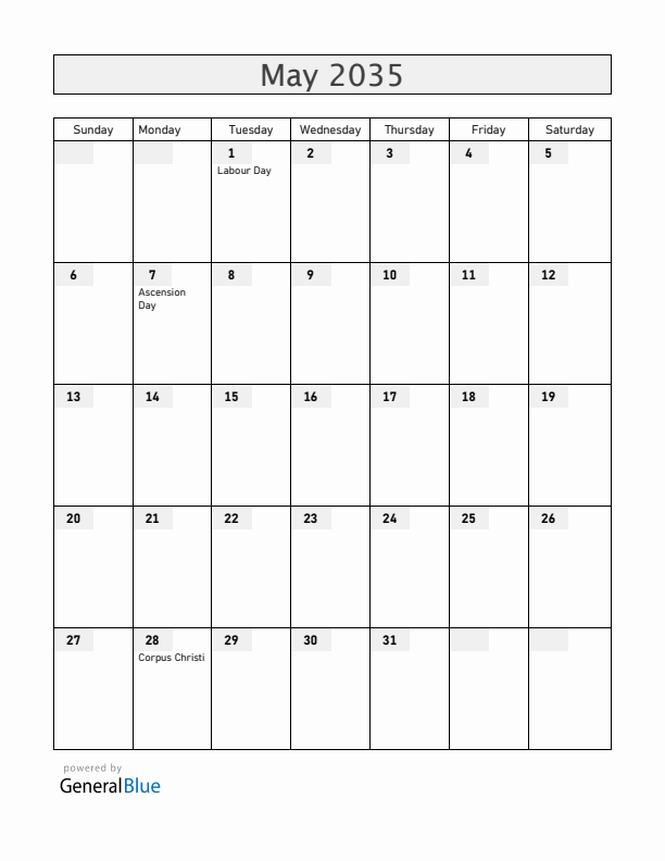 Colombia May 2035 Calendar with Holidays