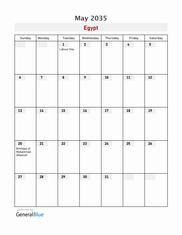 Egypt May 2035 Calendar with Holidays