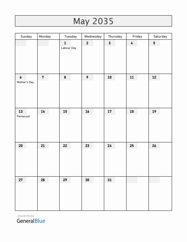 Spain May 2035 Calendar with Holidays