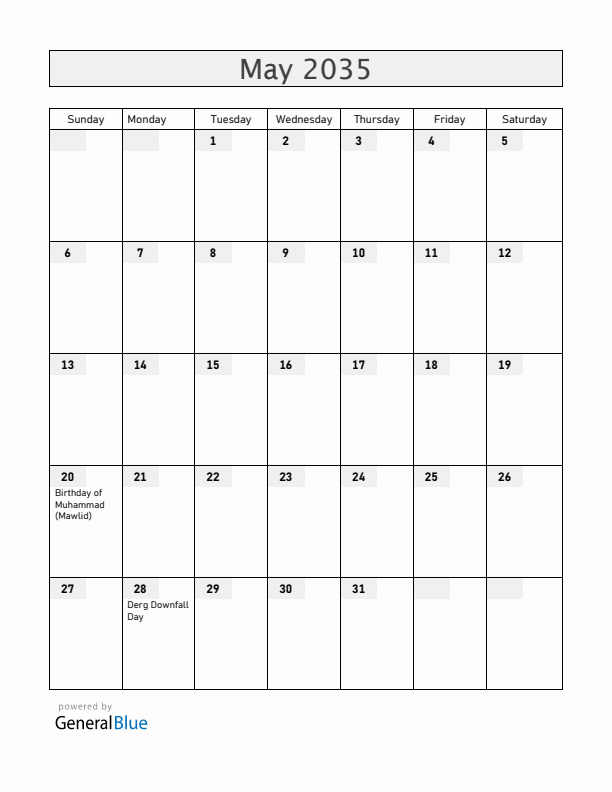 Ethiopia May 2035 Calendar with Holidays