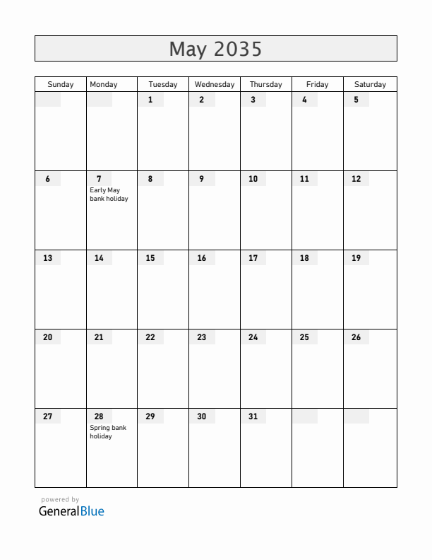 United Kingdom May 2035 Calendar with Holidays