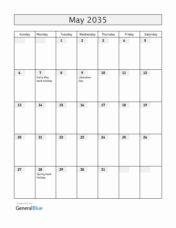 Guernsey May 2035 Calendar with Holidays
