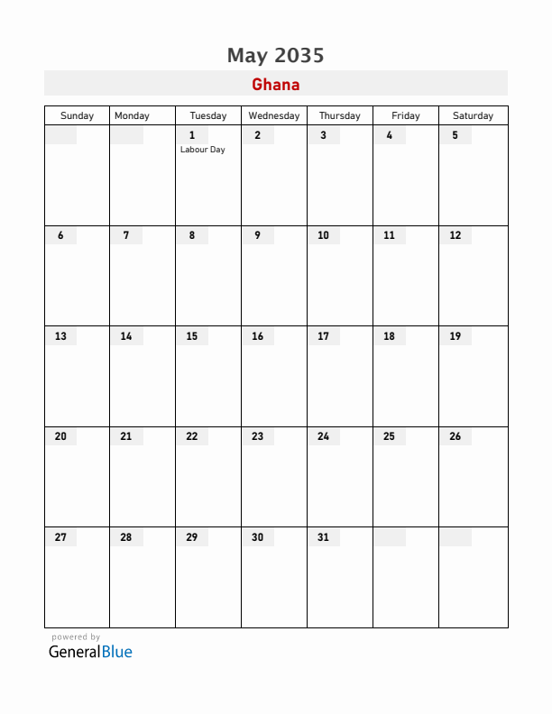 Ghana May 2035 Calendar with Holidays